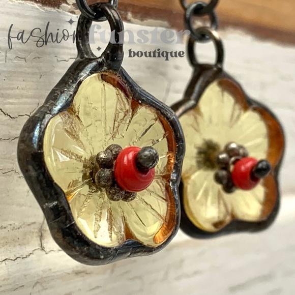 Handmade Soldered Antique Yellow Buttercup Flower Art Charm Dangle Drop Earrings - Picture 8 of 14
